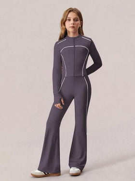 SHEIN بنطلون رياضي ضيق وسترة رياضية بتصميم خطوط متباينة لفتيات المراهقات، طقم كاجوال بطراز مدرسي للحفلات، مجموعة باللون البنفسجي الفاتح