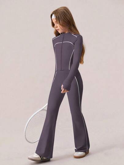 SHEIN بنطلون رياضي ضيق وسترة رياضية بتصميم خطوط متباينة لفتيات المراهقات، طقم كاجوال بطراز مدرسي للحفلات، مجموعة باللون البنفسجي الفاتح