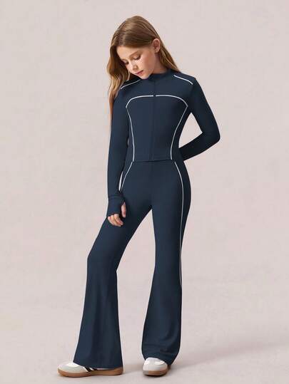 SHEIN بنطلون رياضي ضيق وسترة رياضية بتصميم خطوط متباينة لفتيات المراهقات، طقم كاجوال بطراز مدرسي وحفل عودة للمنزل، مجموعة باللون البنفسجي الفاتح