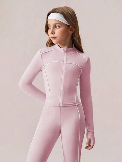 SHEIN بنطلون رياضي ضيق وسترة رياضية بتصميم خطوط متباينة لفتيات المراهقات، طقم كاجوال بطراز مدرسي وحفل عودة للمنزل، مجموعة باللون البنفسجي الفاتح