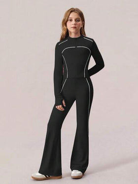SHEIN بنطلون رياضي ضيق وسترة رياضية بتصميم خطوط متباينة لفتيات المراهقات، لون بنفسجي فاتح، طراز كاجوال مناسب للمدرسة والحفلات
