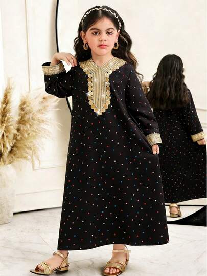 SHEIN فستان فضفاض للفتاة الصغيرة مزين بالدانتيل والترتر والنقاط الملونة، مناسب للربيع والخريف