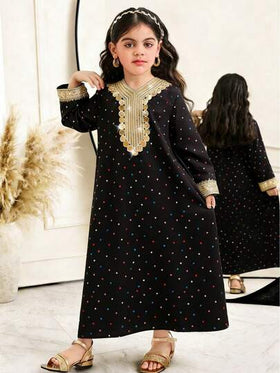 SHEIN فستان فضفاض للفتاة الصغيرة مزين بالدانتيل والترتر والنقاط الملونة، مناسب للربيع والخريف