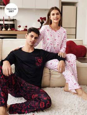 CoupledUp بدلة نوم رجالية، بنطال مضلع طويل الأكمام مطبوع بشكل قلب وشفاه، ملابس منزلية كاجوال
