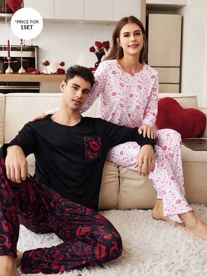 CoupledUp بدلة نوم رجالية، بنطال مضلع طويل الأكمام مطبوع بشكل قلب وشفاه، ملابس منزلية كاجوال