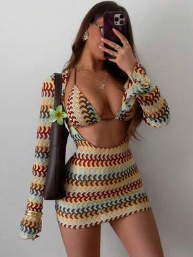 Swim SXY 3 قطع/مجموعة غطاء ملابس سباحة مثير ملون مفرغ ذو خطوط، طقم بكيني مثلث للنساء، للربيع/الصيف