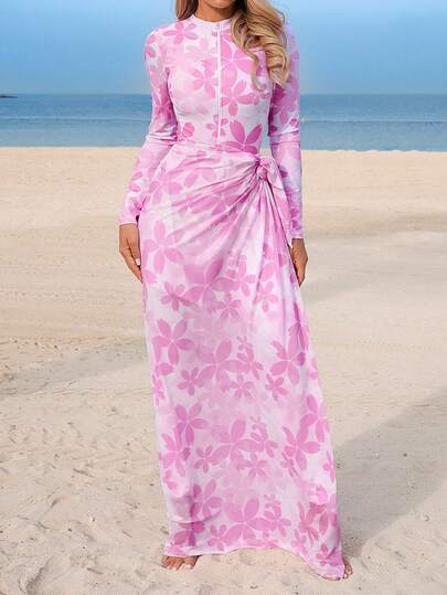 Swim Mulvari مجموعة نسائية جديدة من 4 قطع للربيع/الصيف: بدلة سباحة قطعة واحدة مع تنورة شفافة، ولباس علوي كم طويل، وبنطلون ضيق، بوركيني متواضع ولكن أنيق للعطلات