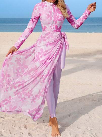 Swim Mulvari مجموعة نسائية جديدة من 4 قطع للربيع/الصيف: بدلة سباحة قطعة واحدة مع تنورة شفافة، ولباس علوي كم طويل، وبنطلون ضيق، بوركيني متواضع ولكن أنيق للعطلات