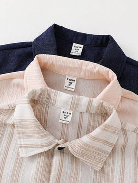 SHEIN 3 قطع قميص كاجوال فضفاض للأولاد المراهقين، مزين بياقة قابلة للتبديل، أكمام قصيرة منسوجة، مناسب للمدرسة والتجمعات والحفلات والخروجات