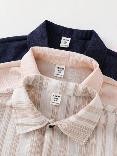 SHEIN 3 قطع قميص كاجوال فضفاض للأولاد المراهقين، مزين بياقة قابلة للتبديل، أكمام قصيرة منسوجة، مناسب للمدرسة والتجمعات والحفلات والخروجات