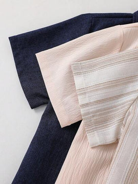 SHEIN 3 قطع قميص كاجوال فضفاض للأولاد المراهقين، مزين بياقة قابلة للتبديل، أكمام قصيرة منسوجة، مناسب للمدرسة والتجمعات والحفلات والخروجات