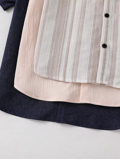 SHEIN 3 قطع قميص كاجوال فضفاض للأولاد المراهقين، مزين بياقة قابلة للتبديل، أكمام قصيرة منسوجة، مناسب للمدرسة والتجمعات والحفلات والخروجات