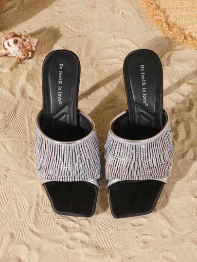 On feet& in love نساء أنيقة وأنيقة مربعة الأصبع مزينة بالراين الأصبع الأحذية المنزلقة، مناسبة للارتداء مع الفساتين والكعب العالي