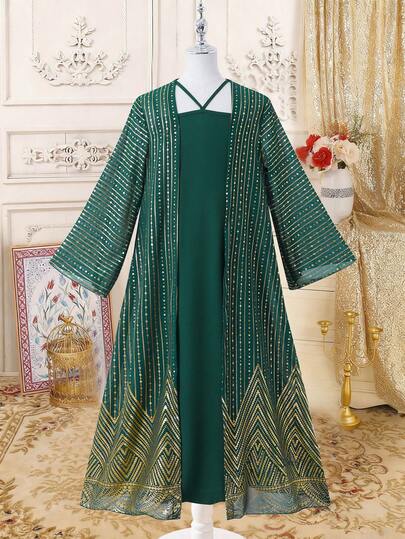 SHEIN طقم جاكيت وفستان كاجوال مريح للفتيات المراهقات مطبوع بنقشة معدنية، أنيق وفاخر