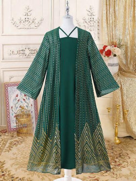 SHEIN طقم جاكيت وفستان كاجوال مريح للفتيات المراهقات مطبوع بنقشة معدنية، أنيق وفاخر
