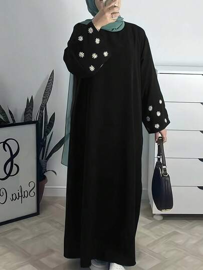 فستان نسائي بأكمام طويلة، عباءة فضفاضة مطرزة بزهور، مناسب للربيع/الصيف، الشرق الأوسط/دبي العربية