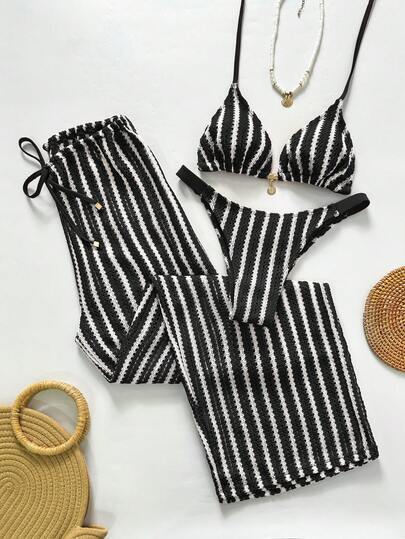 Swim Chiccia مجموعة ملابس السباحة والتغطية المخططة للنساء للعطلات والشاطئ، مجموعة ملابس السباحة للنساء، بدلة السباحة للنساء، مجموعة بدلة السباحة ذات قطعتين للشاطئ