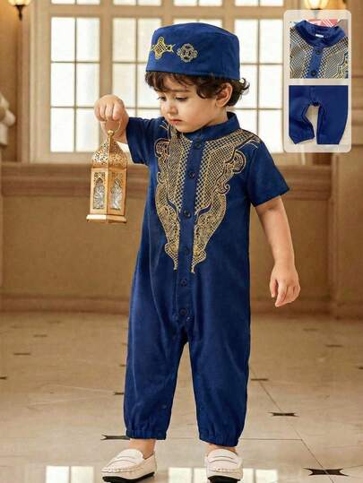 SHEIN رمضان 1 قطعة رومبير قصيرة الأكمام للأولاد مع طوق مندرين وأزرار مطبوعة + قبعة شمس دائرية، طقم كاجوال رجعي مناسب للارتداء اليومي في الربيع/الصيف