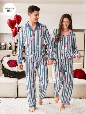 CoupledUp بيجامة رجالية كم طويل مجموعة مطبوعة بطبعة الشفاه المخططة وطبعة كوب عصير الكرز بألوان متباينة