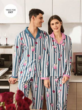 CoupledUp بيجامة رجالية كم طويل مجموعة مطبوعة بطبعة الشفاه المخططة وطبعة كوب عصير الكرز بألوان متباينة