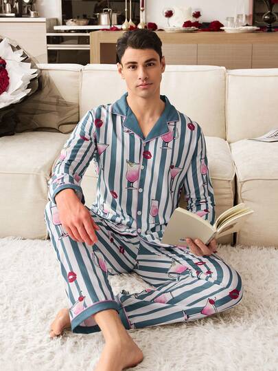 CoupledUp بيجامة رجالية كم طويل مجموعة مطبوعة بطبعة الشفاه المخططة وطبعة كوب عصير الكرز بألوان متباينة