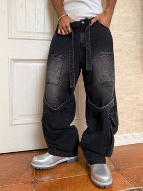 STEELVANCE بنطلون جينز أسود كاجوال بجيوب متعددة وساق منحنية للرجال