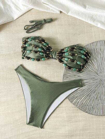 Swim Chiccia مجموعة ملابس سباحة نسائية بلون أحادي، قابلة للتعديل بأشرطة، مزينة بخرز، أنيقة للشاطئ والصيف