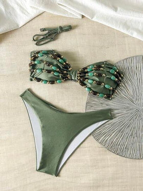 Swim Chiccia مجموعة ملابس سباحة نسائية بلون أحادي، قابلة للتعديل بأشرطة، مزينة بخرز، أنيقة للشاطئ والصيف