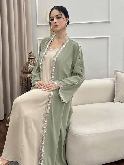 Yasmyna رمضان عباءة أنيقة للنساء بأكمام طويلة مزينة بالتطريز