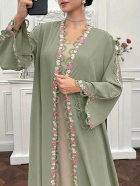 Yasmyna رمضان عباءة أنيقة للنساء بأكمام طويلة مزينة بالتطريز