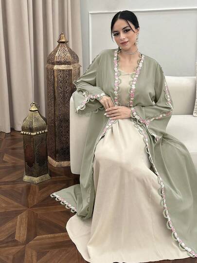 Yasmyna رمضان عباءة أنيقة للنساء بأكمام طويلة مزينة بالتطريز