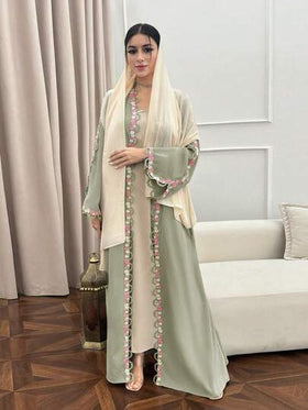 Yasmyna رمضان عباءة أنيقة للنساء بأكمام طويلة مزينة بالتطريز