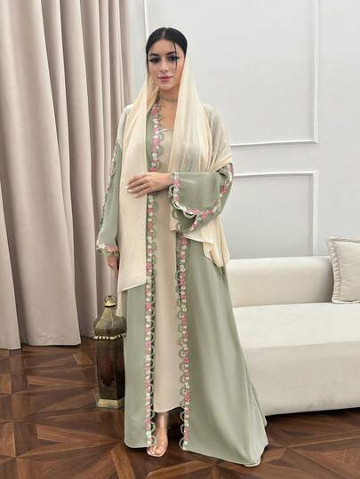 Yasmyna رمضان عباءة أنيقة للنساء بأكمام طويلة مزينة بالتطريز