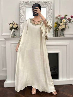 Yasmyna رمضان فستان نسائي فضفاض بأكمام طويلة بطراز عربي مزين بتطريز وتصميم متقاطع