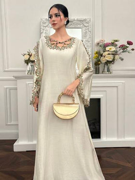 Yasmyna رمضان فستان نسائي فضفاض بأكمام طويلة بطراز عربي مزين بتطريز وتصميم متقاطع