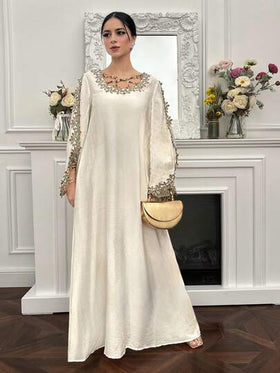 Yasmyna رمضان فستان نسائي فضفاض بأكمام طويلة بطراز عربي مزين بتطريز وتصميم متقاطع