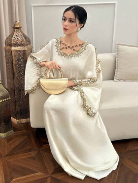 Yasmyna رمضان فستان نسائي فضفاض بأكمام طويلة بطراز عربي مزين بتطريز وتصميم متقاطع
