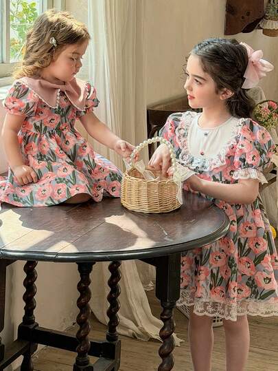 LMoss Kids رمضان فستان صيفي للفتاة مطبوع بطبعات زهرية مع رقعات مطرزة وأكمام منفوخة من الشبك