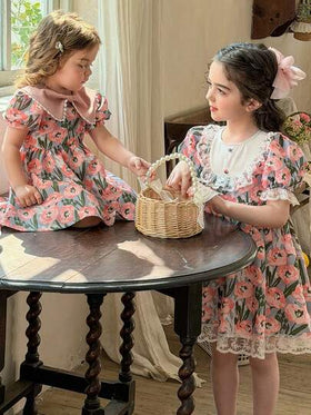 LMoss Kids رمضان فستان صيفي للفتاة مطبوع بطبعات زهرية مع رقعات مطرزة وأكمام منفوخة من الشبك
