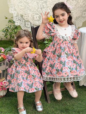LMoss Kids رمضان فستان صيفي للفتاة مطبوع بطبعات زهرية مع رقعات مطرزة وأكمام منفوخة من الشبك