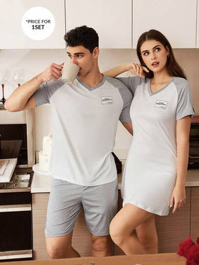 CoupledUp بيجاما رجالية قصيرة الأكمام مجموعة مكونة من قميص وشورت، مزينة بتصميم رقعي متباين الألوان وياقة على شكل حرف V وأكمام راجلان وبطاقة نسيجية