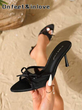 On feet& in love صنادل نسائية أنيقة ذات كعب عالي رفيع بشكل مدبب مع فيونكة، مريحة وبتصميم مفتوح للأصابع، سهلة الارتداء