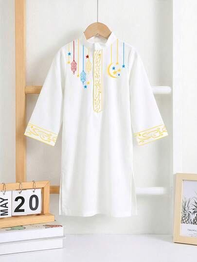SHEIN رمضان قميص طويل مفتوح الأمام بياقة عالية مطبوع بطباعة عتيقة فضفاض مناسب للأولاد، مناسب للمدرسة والأعياد والربيع والصيف والخريف