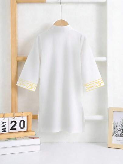 SHEIN رمضان قميص طويل مفتوح الأمام بياقة عالية مطبوع بطباعة عتيقة فضفاض مناسب للأولاد، مناسب للمدرسة والأعياد والربيع والصيف والخريف
