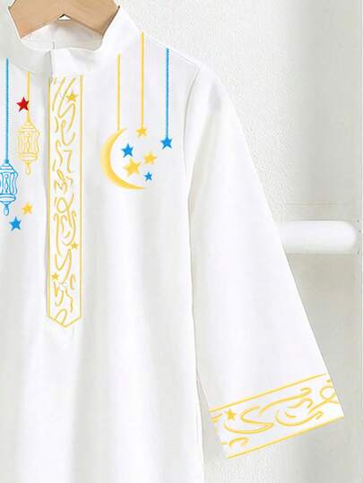 SHEIN رمضان قميص طويل مفتوح الأمام بياقة عالية مطبوع بطباعة عتيقة فضفاض مناسب للأولاد، مناسب للمدرسة والأعياد والربيع والصيف والخريف