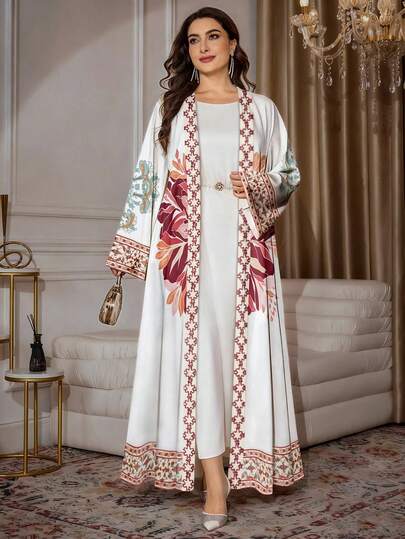 SHEIN Najma رمضان عباءة عربية كاجوال للسيدات بقصة كم طويل مطبوعة بطبعات زهور ونباتات وهندسية، مناسبة للربيع والخريف، مقاسات كبيرة