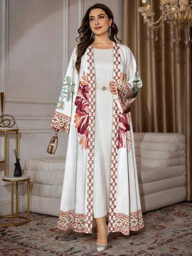 SHEIN Najma رمضان عباءة عربية كاجوال للسيدات بقصة كم طويل مطبوعة بطبعات زهور ونباتات وهندسية، مناسبة للربيع والخريف، مقاسات كبيرة
