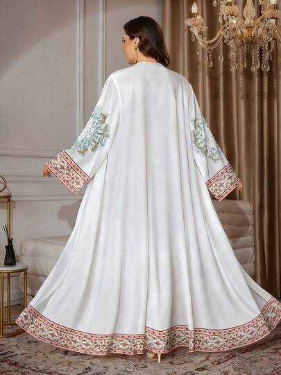 SHEIN Najma رمضان عباءة عربية كاجوال للسيدات بقصة كم طويل مطبوعة بطبعات زهور ونباتات وهندسية، مناسبة للربيع والخريف، مقاسات كبيرة