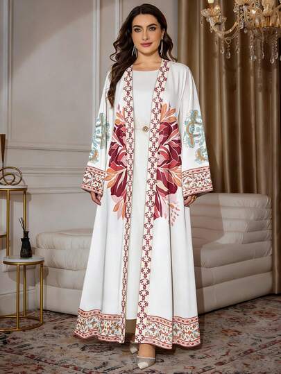 SHEIN Najma رمضان عباءة عربية كاجوال للسيدات بقصة كم طويل مطبوعة بطبعات زهور ونباتات وهندسية، مناسبة للربيع والخريف، مقاسات كبيرة