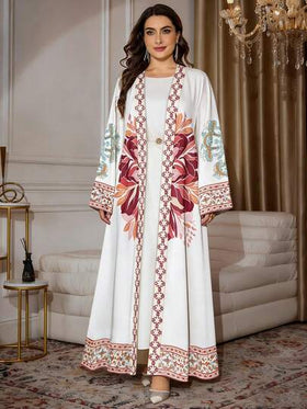 SHEIN Najma رمضان عباءة عربية كاجوال للسيدات بقصة كم طويل مطبوعة بطبعات زهور ونباتات وهندسية، مناسبة للربيع والخريف، مقاسات كبيرة